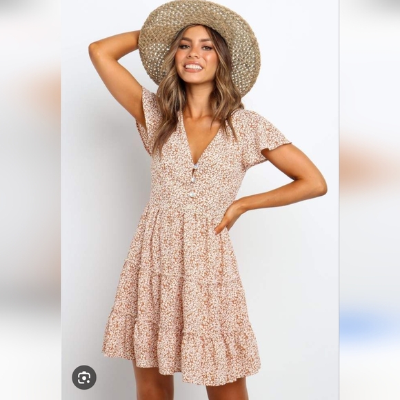Petal & Pup Floral Mini Dress in Cream and Brown - Picture 1 of 5